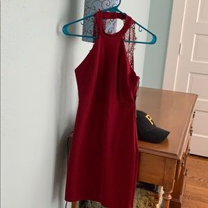 Deep Red, Tight, Halter Dress with Lace Cutout